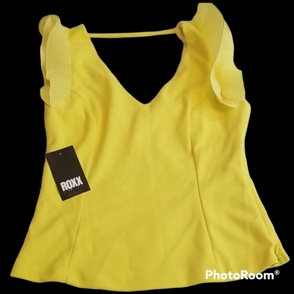 Roxx Hot Yellow Ruffle Deep V neckline Side Zipper Top. M - Picture 1 of 12
